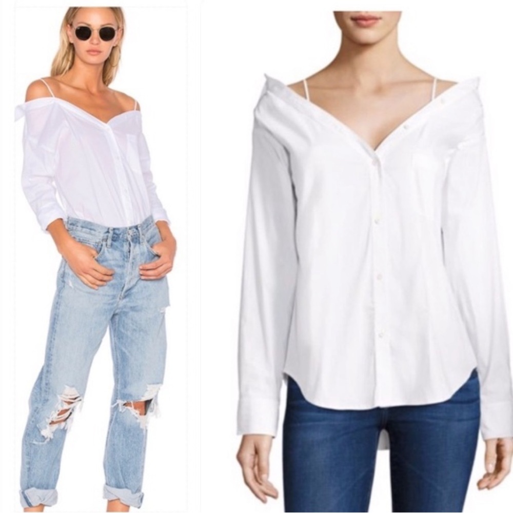 Bailey 44 Off the Shoulder White Oxford Shirt with optional spaghetti straps